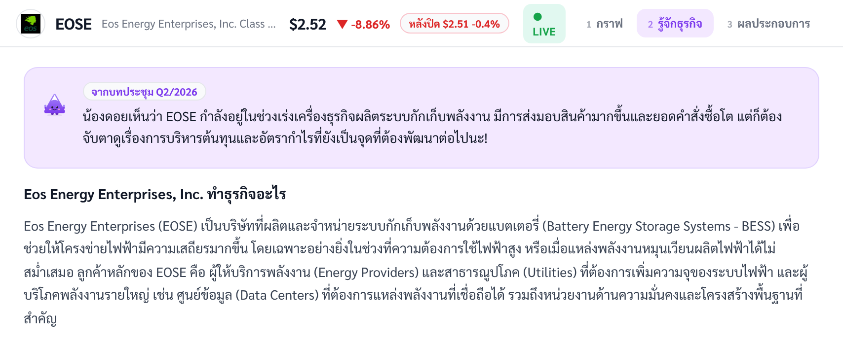 ภาพนี้ช่วยตอบว่าบริษัทขายอะไรให้ใคร: แท็บรู้จักธุรกิจสรุปไว้ในย่อหน้าเดียวว่า Eos ขายระบบกักเก็บพลังงาน ลูกค้าหลักคือผู้ให้บริการไฟฟ้าและผู้ใช้ไฟรายใหญ่อย่างดาต้าเซ็นเตอร์